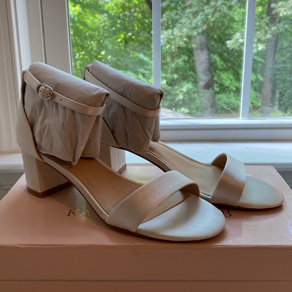 Kate Whitcomb Ivory Satin Block Heels